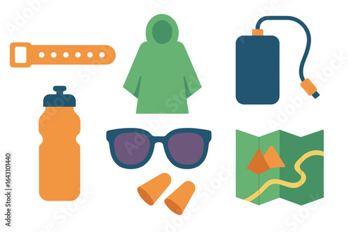 Essential outdoor gear for hiking and adventure in a natural landscape during daytime
