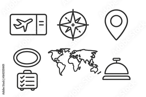 Travel elements depicting planning for a journey with a suitcase, ticket, compass, and world map