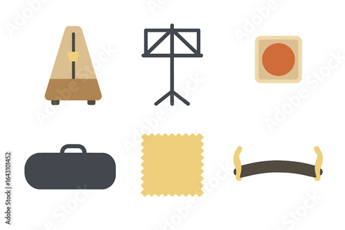 Musical tools arranged in a flat layout showcasing various essential items for performance and practice