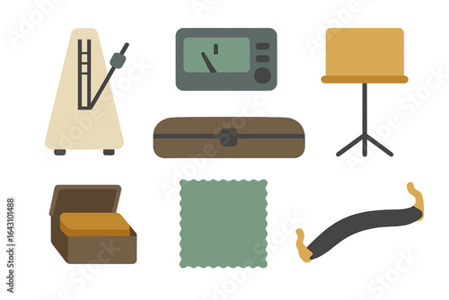 Music practice tools and accessories arranged on a solid background for a creative workspace