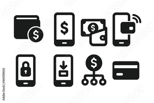 Digital payment icons showing various financial transactions and security features on smartphone devices