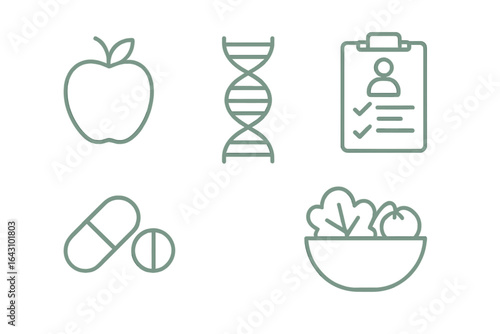 Health and wellness symbols representing nutrition, genetics, and medical care in a minimalist design