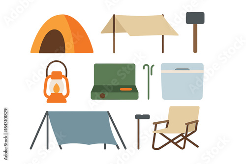 Camping gear essentials including tent, lantern, chair and cooler ready for outdoor adventure preparation