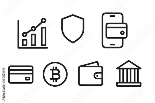 Icons representing financial technology, digital currency, and security measures for modern banking transactions