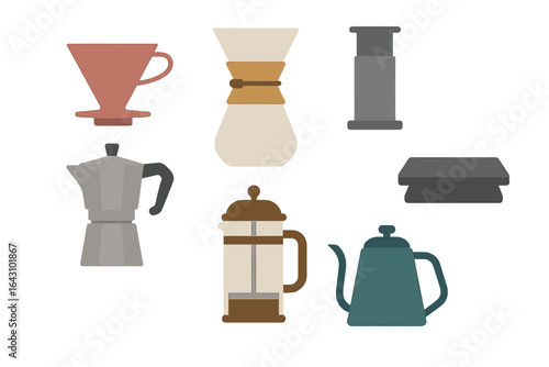 Various coffee brewing equipment arranged on a white background highlighting different methods and styles of brewing coffee beverages