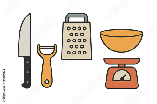 Cooking tools including a knife, grater, peeler, mixing bowl, and scale are displayed together on a simple white background for culinary preparation