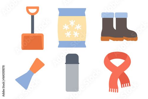 Winter preparedness essentials including shovel, boots, and warm accessories for snowy weather