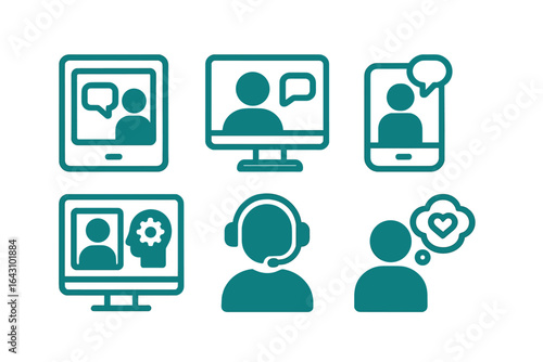 Icons illustrating virtual communication methods on digital devices for online interactions
