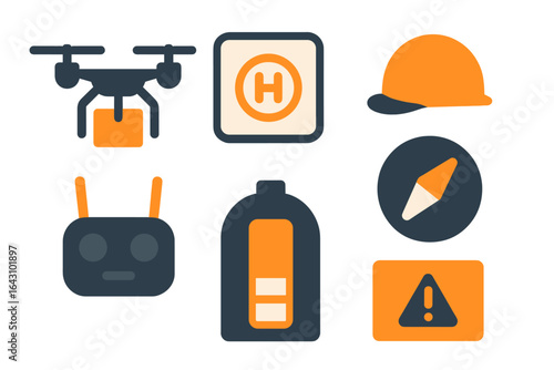 Drones, safety gear, and tools displayed in a construction and aerial operation context