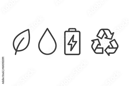 Symbols representing sustainability concepts including nature, water, energy, and recycling in a minimalist style