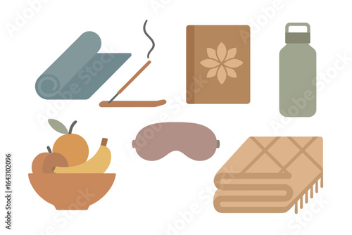 Cozy relaxation items including fruits, a yoga mat, and incense from a tranquil home setting