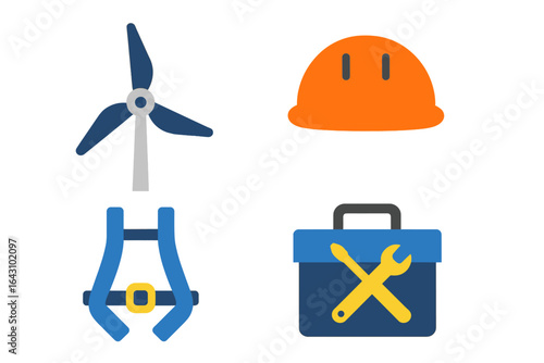 Wind energy tools and safety equipment arranged in a clear layout for renewable energy workers in a workshop setting