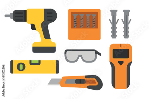 Essential tools for home improvement projects including a drill, level, safety glasses, and more on a clean background