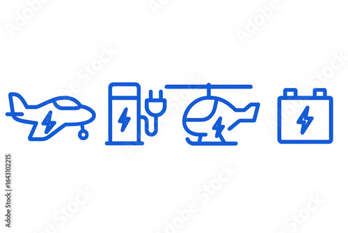 Electric aircraft and charging stations displayed in a modern, simple design highlighting aviation technology advancements