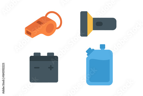 Essential camping gear including whistle, flashlight, battery, and water container for outdoor adventures