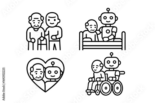 Lifestyle illustrations depicting elderly care with robots in various supportive roles, showcasing companionship and assistance