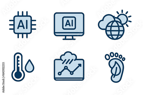 Illustration of artificial intelligence concepts with icons depicting technology, climate, and data analysis in a modern setting