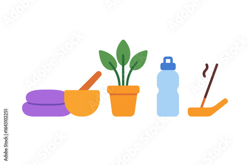 Gardening tools and accessories arranged for a planting activity in a vibrant workspace