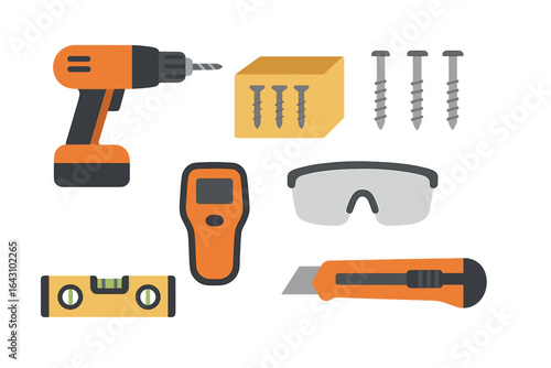 Essential tools for DIY projects at home including drill, safety glasses, and screws