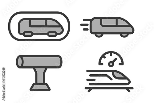 Modern transportation concepts showcasing trains, high-speed travel, and infrastructure in a minimalist design