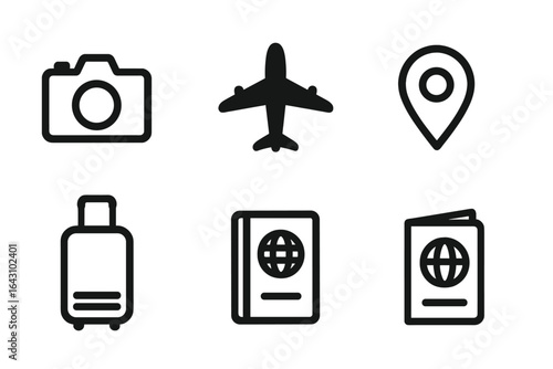 Collection of travel-related icons depicting camera, airplane, location pin, suitcase, and passport essential for planning a journey