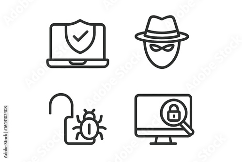 Cybersecurity icons depict protection, threat detection, and online safety measures in modern digital environments