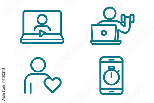 Online fitness training icons featuring video call, workout session, health tracking, and timer app in flat design