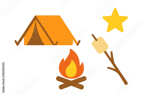 Camping under the stars with a tent, campfire, and roasting marshmallows on a summer evening