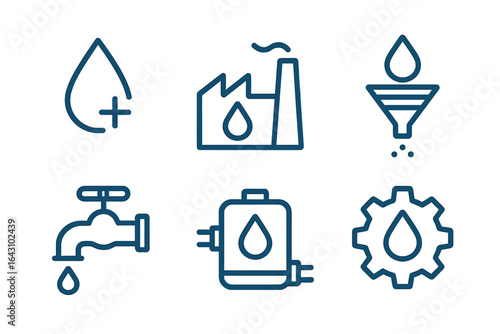 Various icons representing water management and conservation in industrial and domestic settings