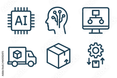 Icons representing artificial intelligence, machine learning, and logistics displayed on a clean background