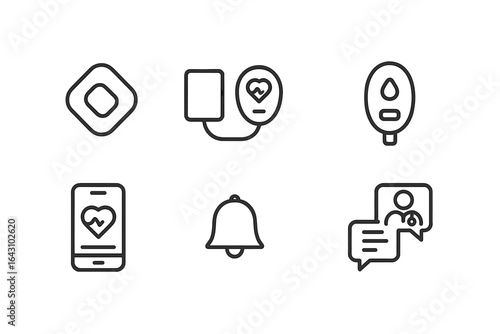Health monitoring icons display various connected devices for tracking wellness metrics and communication with healthcare providers