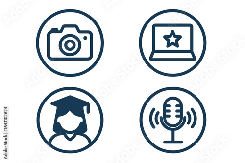 Various symbols representing different activities like photography, technology, education, and communication