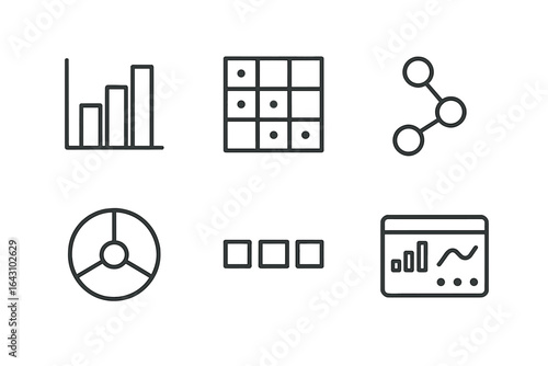 Line graphs, pie charts, and data grids shown in a digital workspace illustrating data analysis concepts and techniques