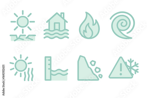 Various icons representing natural disasters including floods, fires, and extreme weather conditions in teal color