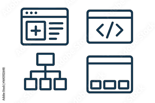 Web design elements showcasing coding, layout, and structure in a clean, simple format ideal for developers and designers