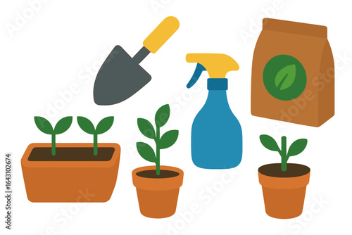 Gardening tools and young plants ready for care in a home garden setting
