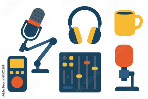 Microphone, headphones, and audio mixer setup for podcasting or broadcasting in a modern studio environment