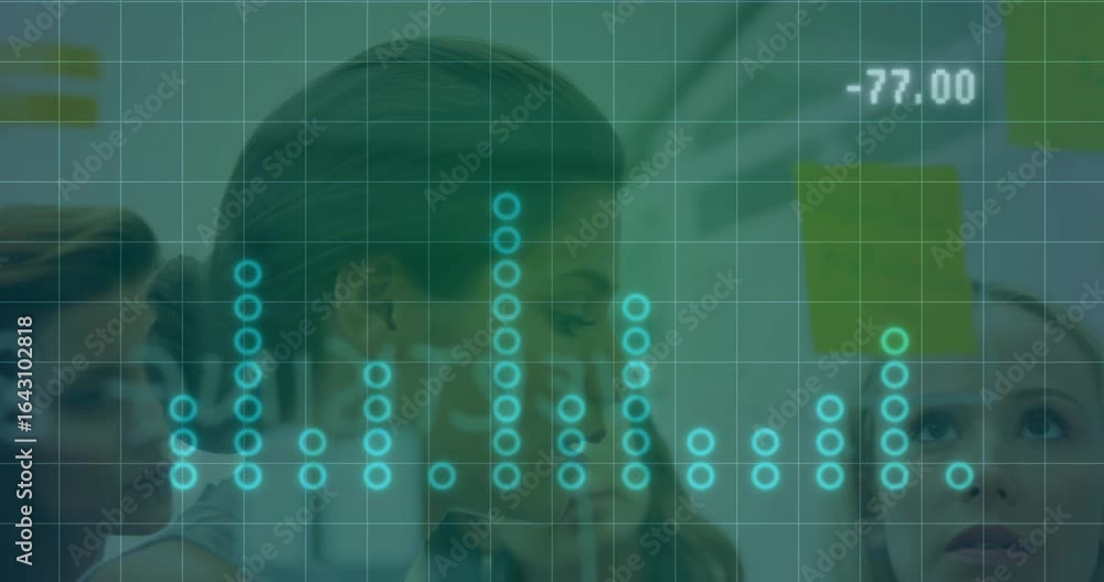 Business team monitoring transparent grid overlay, leaning forward as values updating for insights Business team monitoring transparent grid overlay, leaning forward as values updating for insights