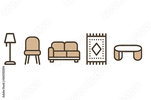 Living room furniture icons showcasing a lamp, chair, couch, rug, and coffee table in a minimalist design style