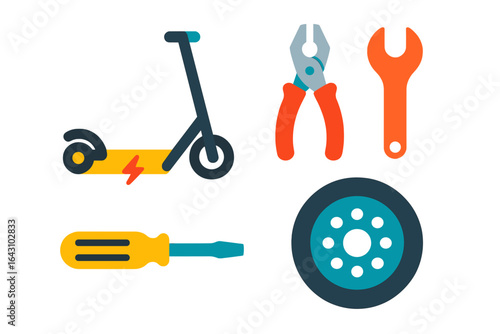 Electric scooter maintenance tools and parts displayed in a colorful layout for effective repairs