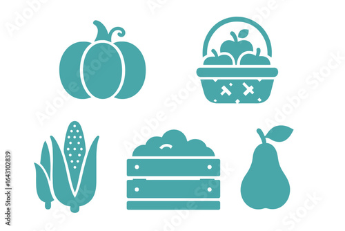 Colorful vegetable and fruit icons showcasing autumn harvest elements in a simple graphic style