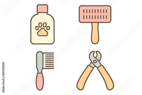 Pet grooming tools and supplies displayed for animal care and hygiene activities