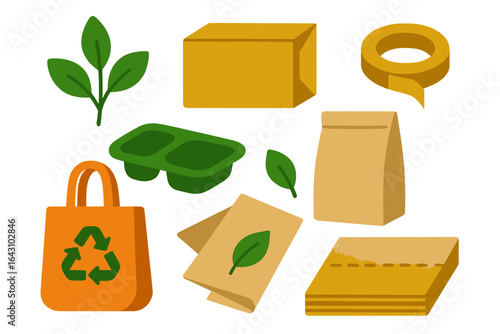 Various eco-friendly packaging materials and recycling symbols showcased for sustainable living initiative