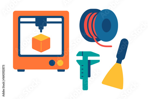 3D printing setup with tools and materials in a workshop environment during daytime