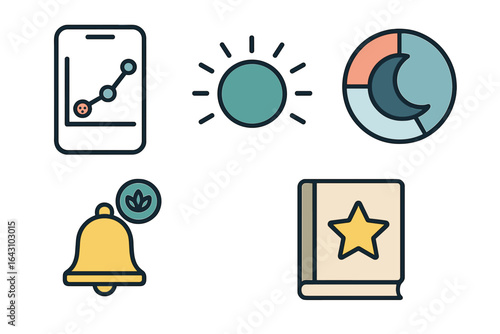 Digital icons representing analytics, solar energy, data visualization, notifications, and book resources for modern applications and technology