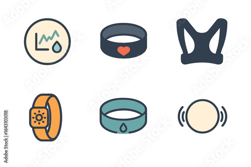 Collection of fitness wearable icons showcasing heart rate monitors, smartwatches and hydration sensors for health tracking