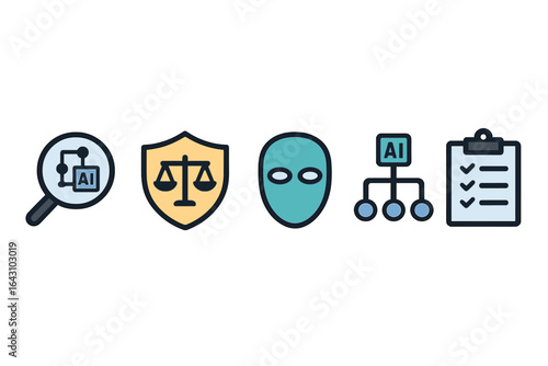 Exploring artificial intelligence concepts with various symbols representing analysis, ethics, and development in technology