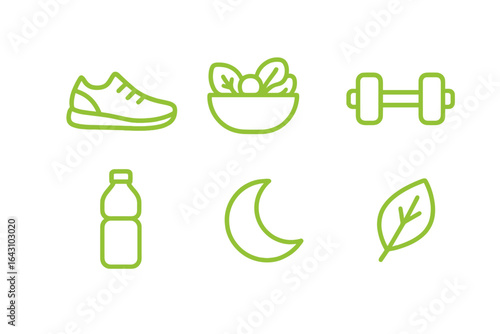 Healthy lifestyle activities represented through fitness icons featuring athletic shoes, vegetables, dumbbells, water bottle, moon, and leaf