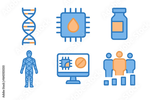 Icons representing biomedicine and health technology innovations in research and development