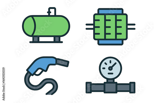 Fuel and gas equipment including a tank, pump, gauge, and valves for energy management in industrial settings
